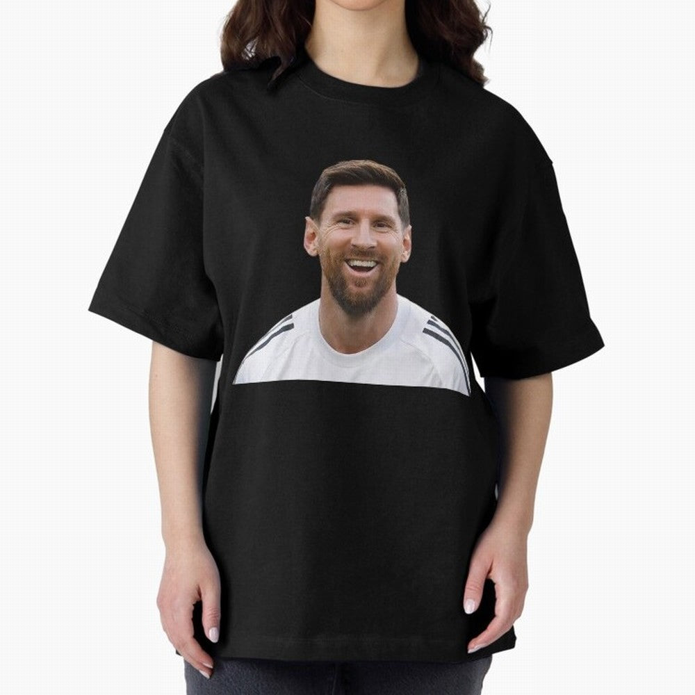 Lionel Messi smiling Oversized T-Shirt Experience the Global Stage of Match Day Hype around FIFA World Cup 2026 Group Stage, Messi and Cristiano Ronaldo, Portugal, Spain and Germany, Fan Favorite Moments, National Team Passion, Big Match Drama and
