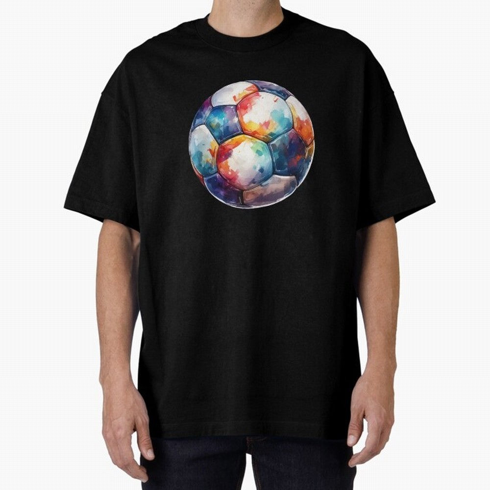 Football Soccer Ball Watercolor Illustration Drawing (Black BG) Oversized T-Shirt Bring a Champion Mindset to the FIFA World Cup 2026 USA Canada Mexico Journey through Messi, Neymar and Mbappe Highlights, Spain and Netherlands Pride, Fan Favorite