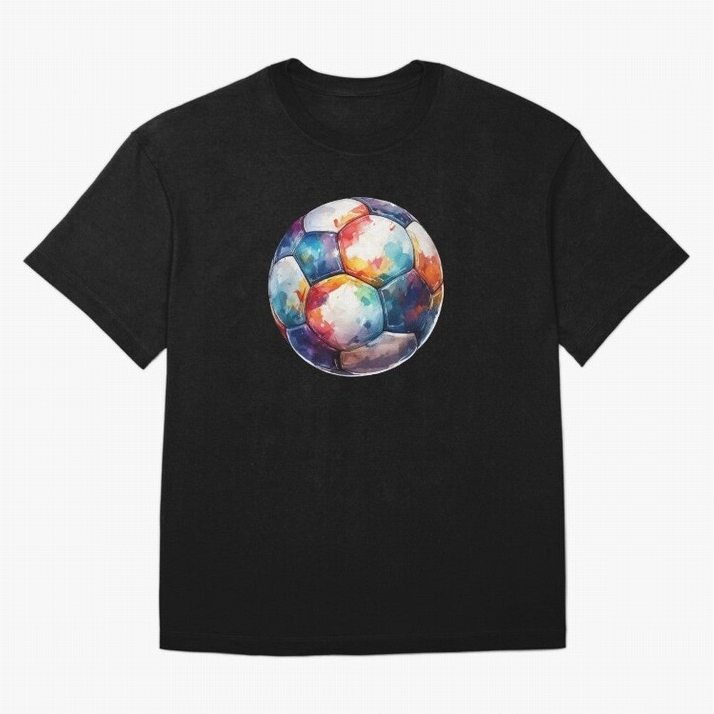 Football Soccer Ball Watercolor Illustration Drawing (Black BG) Oversized T-Shirt Bring a Champion Mindset to the FIFA World Cup 2026 USA Canada Mexico Journey through Messi, Neymar and Mbappe Highlights, Spain and Netherlands Pride, Fan Favorite
