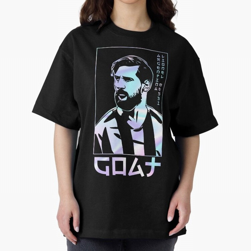 Lionel Messi Holographic Style Portrait art illustration Premium T-Shirt Carry the Colors and Pride of FIFA World Cup 2026 USA Canada Mexico Connected to Mbappe and Neymar, Argentina Energy, Stadium Memories, Football Loyalty, International Chants