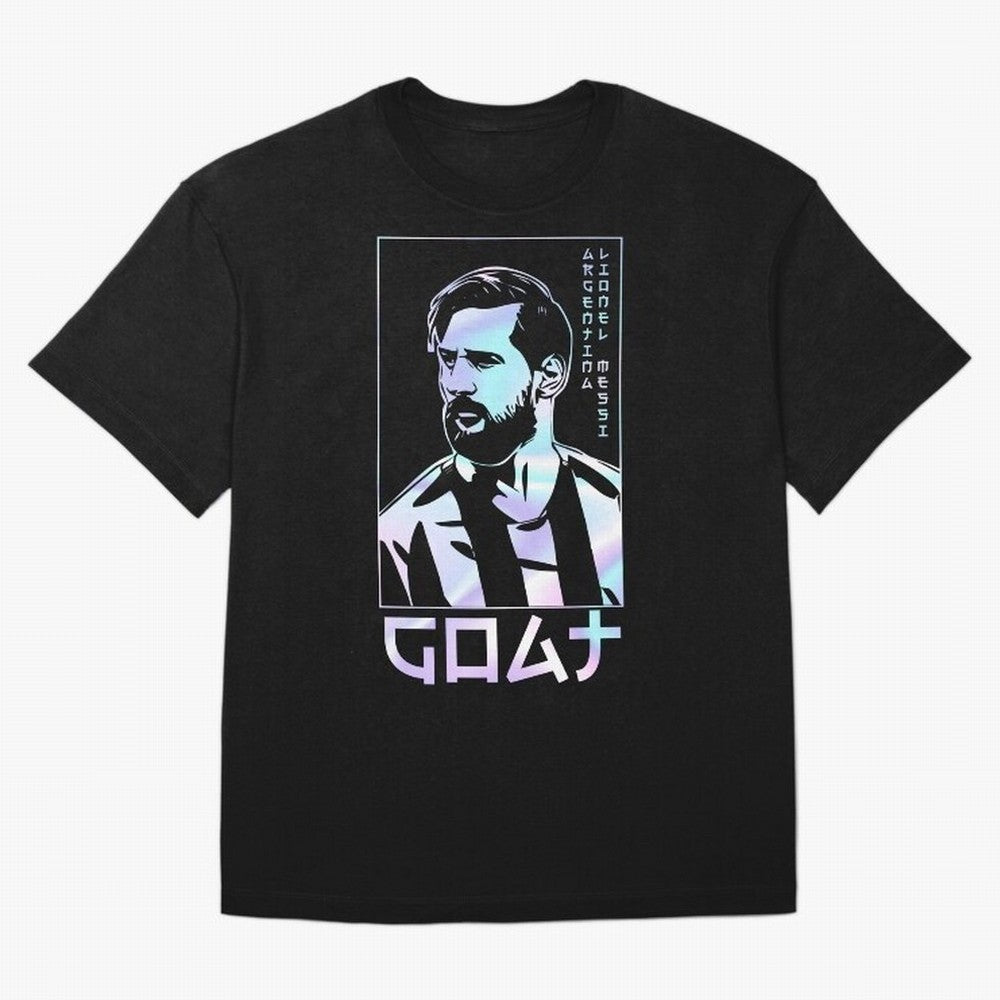 Lionel Messi Holographic Style Portrait art illustration Premium T-Shirt Carry the Colors and Pride of FIFA World Cup 2026 USA Canada Mexico Connected to Mbappe and Neymar, Argentina Energy, Stadium Memories, Football Loyalty, International Chants
