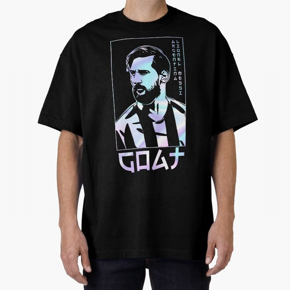Lionel Messi Holographic Style Portrait art illustration Premium T-Shirt Carry the Colors and Pride of FIFA World Cup 2026 USA Canada Mexico Connected to Mbappe and Neymar, Argentina Energy, Stadium Memories, Football Loyalty, International Chants