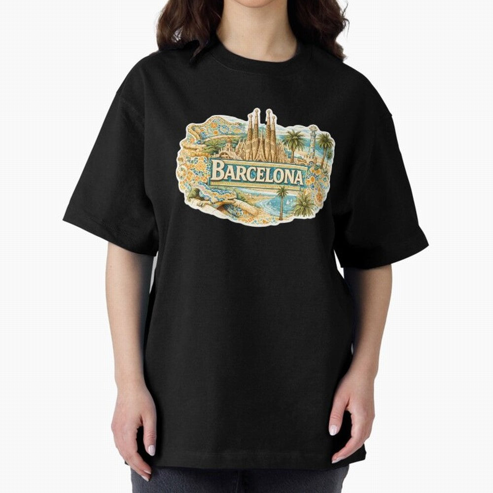 Barcelona Souvenir Sagrada Familia and Mosaic Design Oversized T-Shirt Celebrate Soccer Greatness during FIFA World Cup 2026 Group Stage for Fans of Haaland and France and Portugal, Bringing Sports Nostalgia, International Competition, Famous