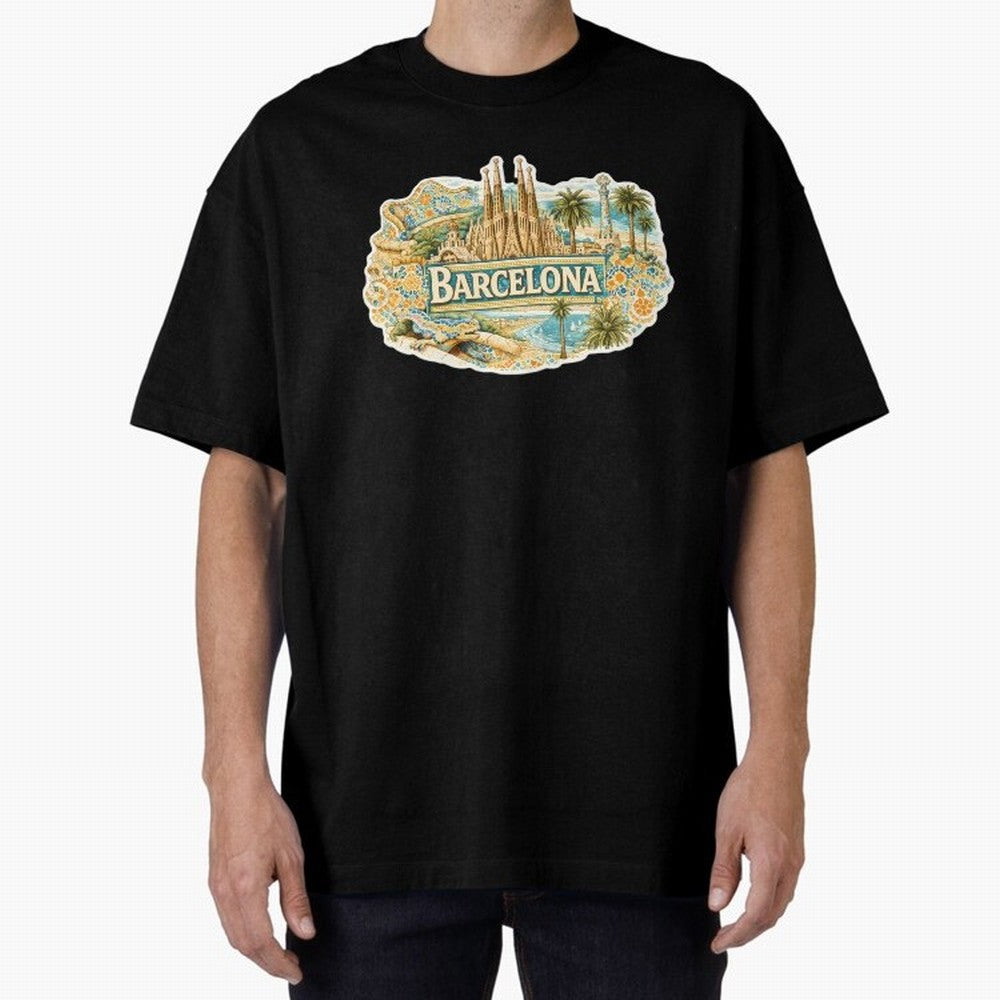 Barcelona Souvenir Sagrada Familia and Mosaic Design Oversized T-Shirt Celebrate Soccer Greatness during FIFA World Cup 2026 Group Stage for Fans of Haaland and France and Portugal, Bringing Sports Nostalgia, International Competition, Famous