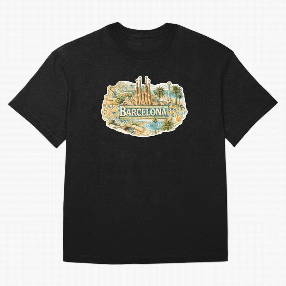 Barcelona Souvenir Sagrada Familia and Mosaic Design Oversized T-Shirt Celebrate Soccer Greatness during FIFA World Cup 2026 Group Stage for Fans of Haaland and France and Portugal, Bringing Sports Nostalgia, International Competition, Famous
