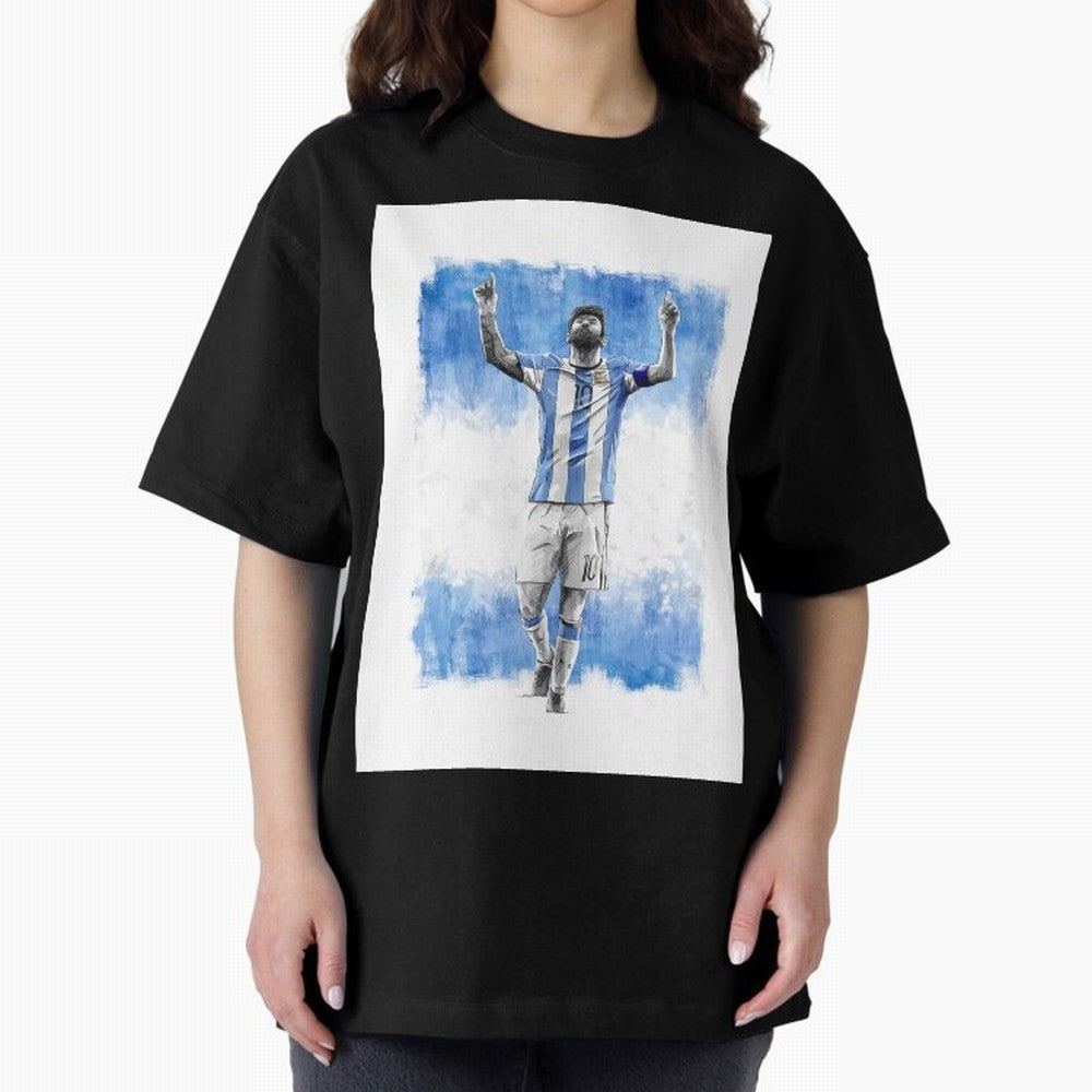 Messi Argentina Football Drawing Oversized T-Shirt Bring a Vintage Feel to Global Football Passion for FIFA World Cup 2026 USA Canada Mexico, Built around Cristiano Ronaldo, Netherlands, Stadium Memories, Football Loyalty, International Chants and