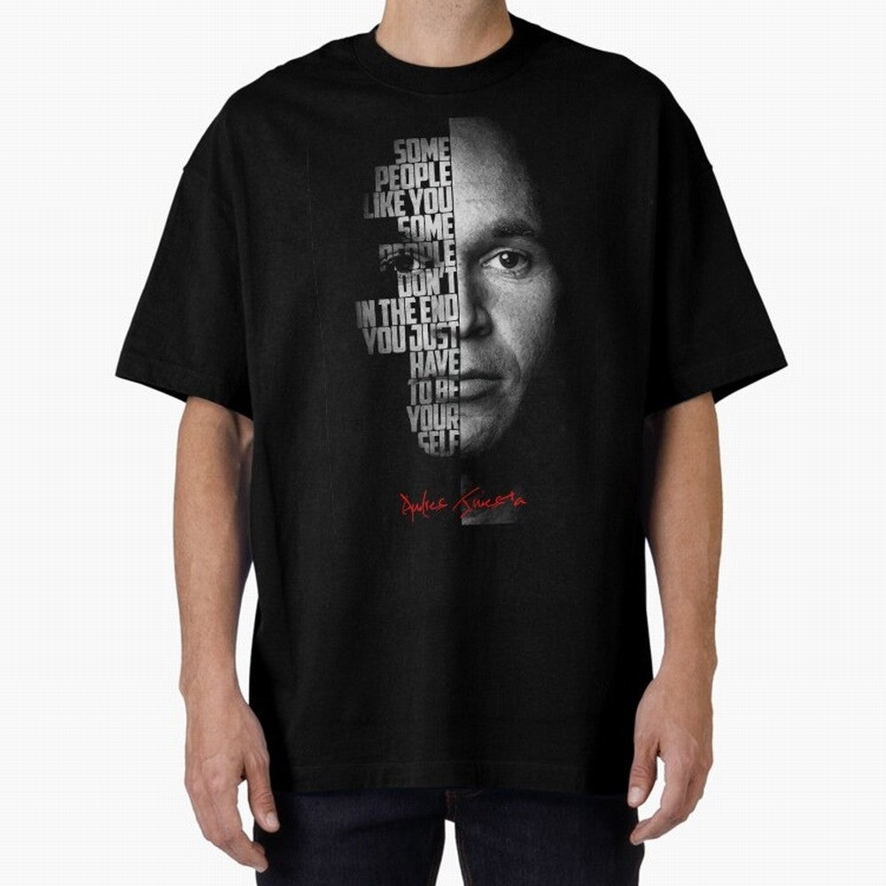 Black and white Andres Iniesta Quote. Oversized T-Shirt Show Fan Pride Across Match Day Hype around FIFA World Cup 2026 USA Canada Mexico, Haaland, Portugal, Spain and Germany, Championship Spirit, Famous Goals, Roaring Crowds and International