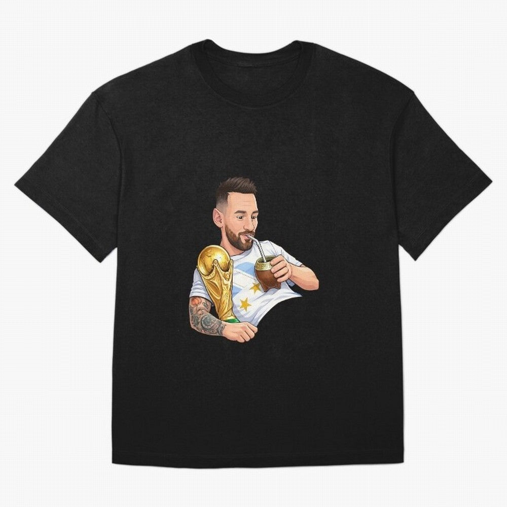 Messi drinking mate and his World Cup trophy Graphic T-Shirt Celebrate Football Heritage in FIFA World Cup 2026 USA Canada Mexico Built around Messi, Netherlands Energy, Champion Mindset, Group Stage Buzz, Knockout Tension and Passionate Fan