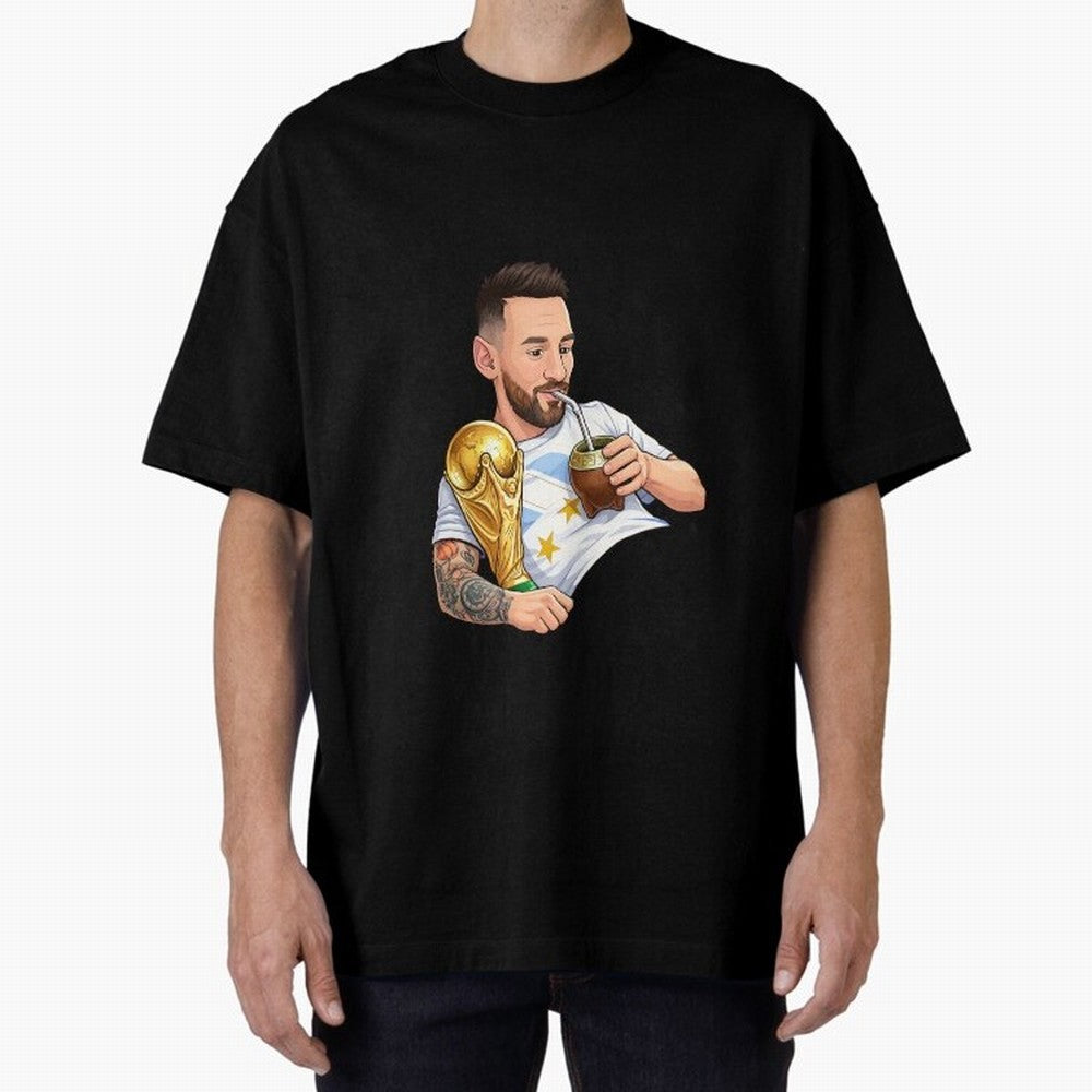 Messi drinking mate and his World Cup trophy Graphic T-Shirt Celebrate Football Heritage in FIFA World Cup 2026 USA Canada Mexico Built around Messi, Netherlands Energy, Champion Mindset, Group Stage Buzz, Knockout Tension and Passionate Fan