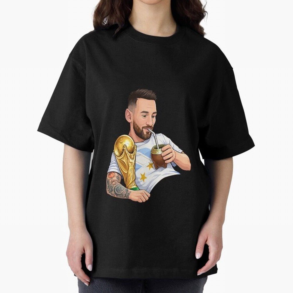 Messi drinking mate and his World Cup trophy Graphic T-Shirt Celebrate Football Heritage in FIFA World Cup 2026 USA Canada Mexico Built around Messi, Netherlands Energy, Champion Mindset, Group Stage Buzz, Knockout Tension and Passionate Fan