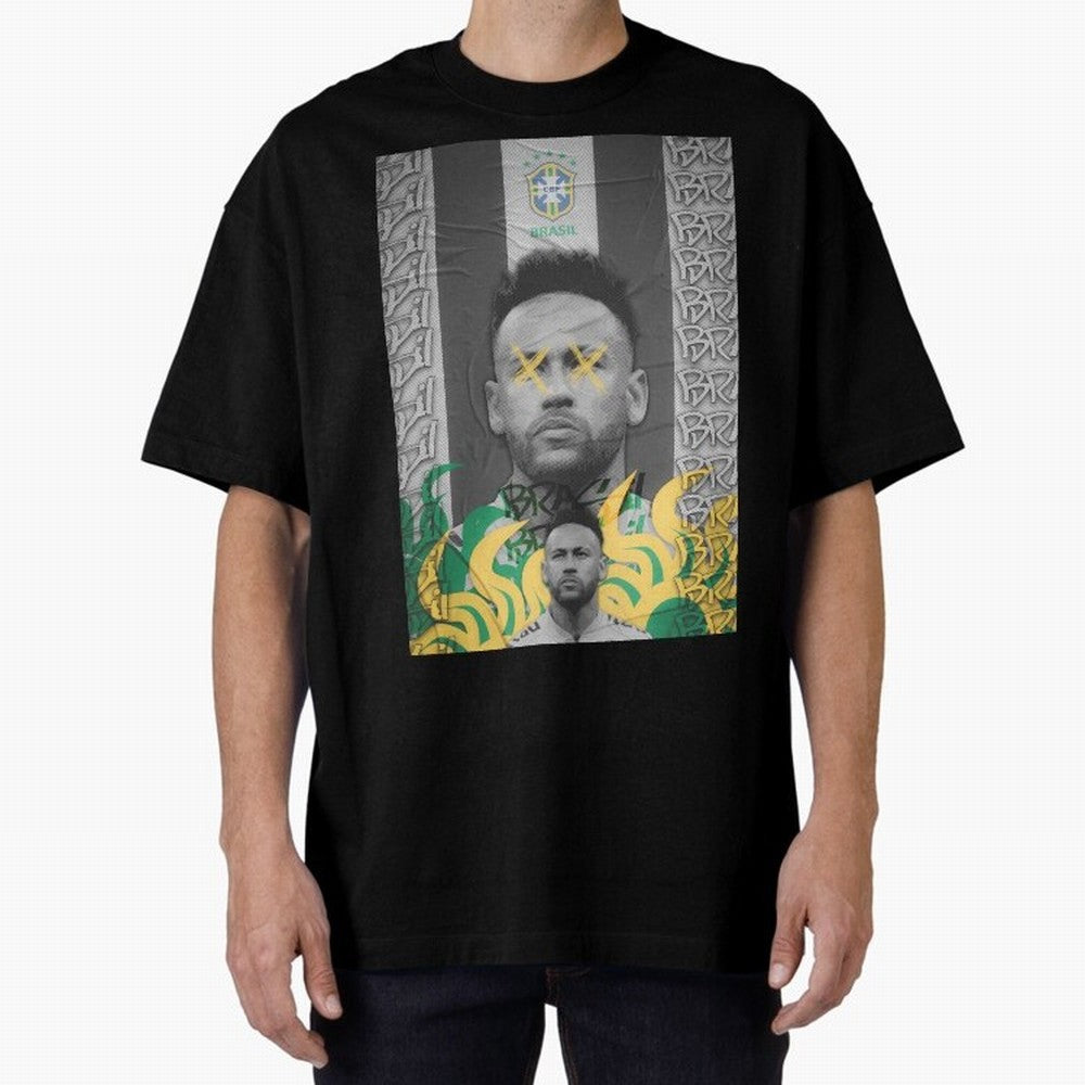 Brazil Football Star Grunge Poster Oversized T-Shirt Bring Supporter Culture to Global Football Passion for FIFA World Cup 2026 USA Canada Mexico, with Messi, CR7 and Mbappe, Brazil, Portugal and Argentina, Soccer Culture, Superstar Moments,