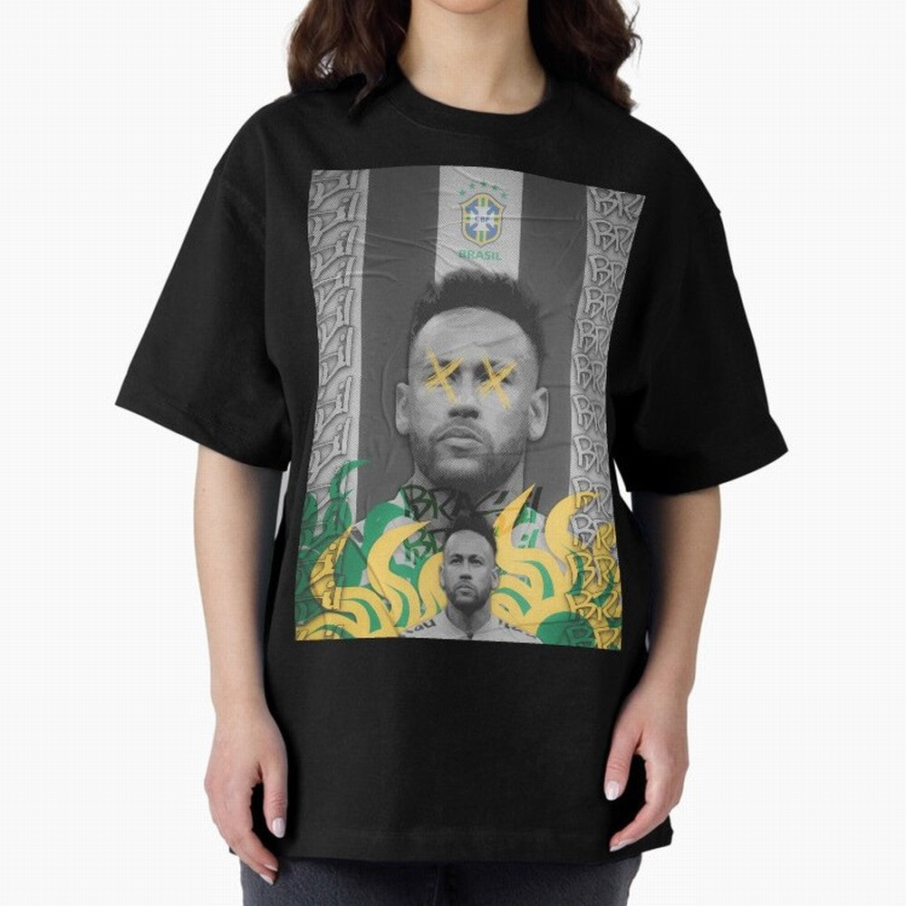 Brazil Football Star Grunge Poster Oversized T-Shirt Bring Supporter Culture to Global Football Passion for FIFA World Cup 2026 USA Canada Mexico, with Messi, CR7 and Mbappe, Brazil, Portugal and Argentina, Soccer Culture, Superstar Moments,