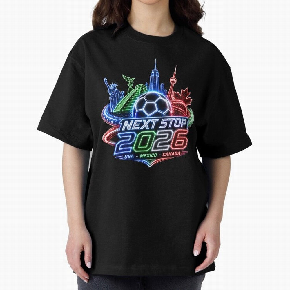 Next Stop 2026 USA Mexico Canada Neon Soccer Emblem Classic T-Shirt Celebrate Golden Goal Energy in Match Day Hype around FIFA World Cup 2026, Messi, Argentina and Brazil, Football Passion, Legendary Performances, Festival Vibes and Supporter