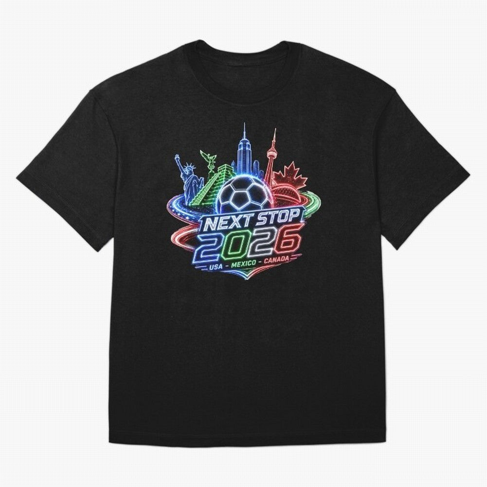 Next Stop 2026 USA Mexico Canada Neon Soccer Emblem Classic T-Shirt Celebrate Golden Goal Energy in Match Day Hype around FIFA World Cup 2026, Messi, Argentina and Brazil, Football Passion, Legendary Performances, Festival Vibes and Supporter