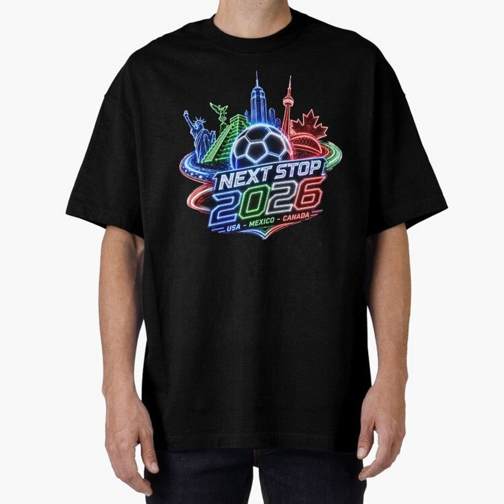Next Stop 2026 USA Mexico Canada Neon Soccer Emblem Classic T-Shirt Celebrate Golden Goal Energy in Match Day Hype around FIFA World Cup 2026, Messi, Argentina and Brazil, Football Passion, Legendary Performances, Festival Vibes and Supporter