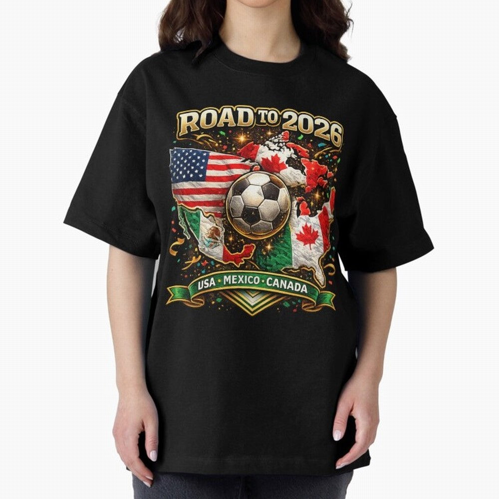 Road to 2026 Soccer Tournament - USA Mexico Canada Flags Classic T-Shirt Fuel Global Football Passion for FIFA World Cup 2026 USA Canada Mexico, Centered on Messi and Cristiano Ronaldo, Portugal, Championship Spirit, Famous Goals, Roaring Crowds