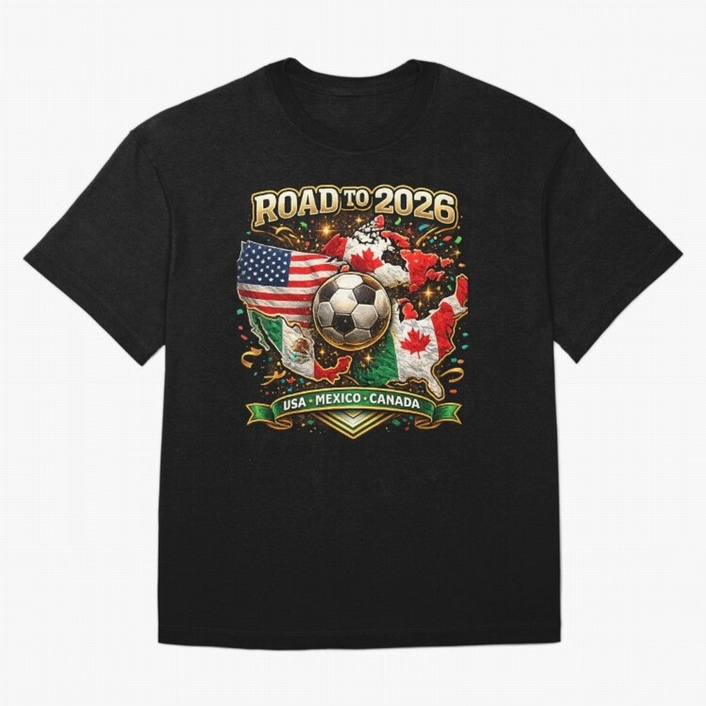 Road to 2026 Soccer Tournament - USA Mexico Canada Flags Classic T-Shirt Fuel Global Football Passion for FIFA World Cup 2026 USA Canada Mexico, Centered on Messi and Cristiano Ronaldo, Portugal, Championship Spirit, Famous Goals, Roaring Crowds