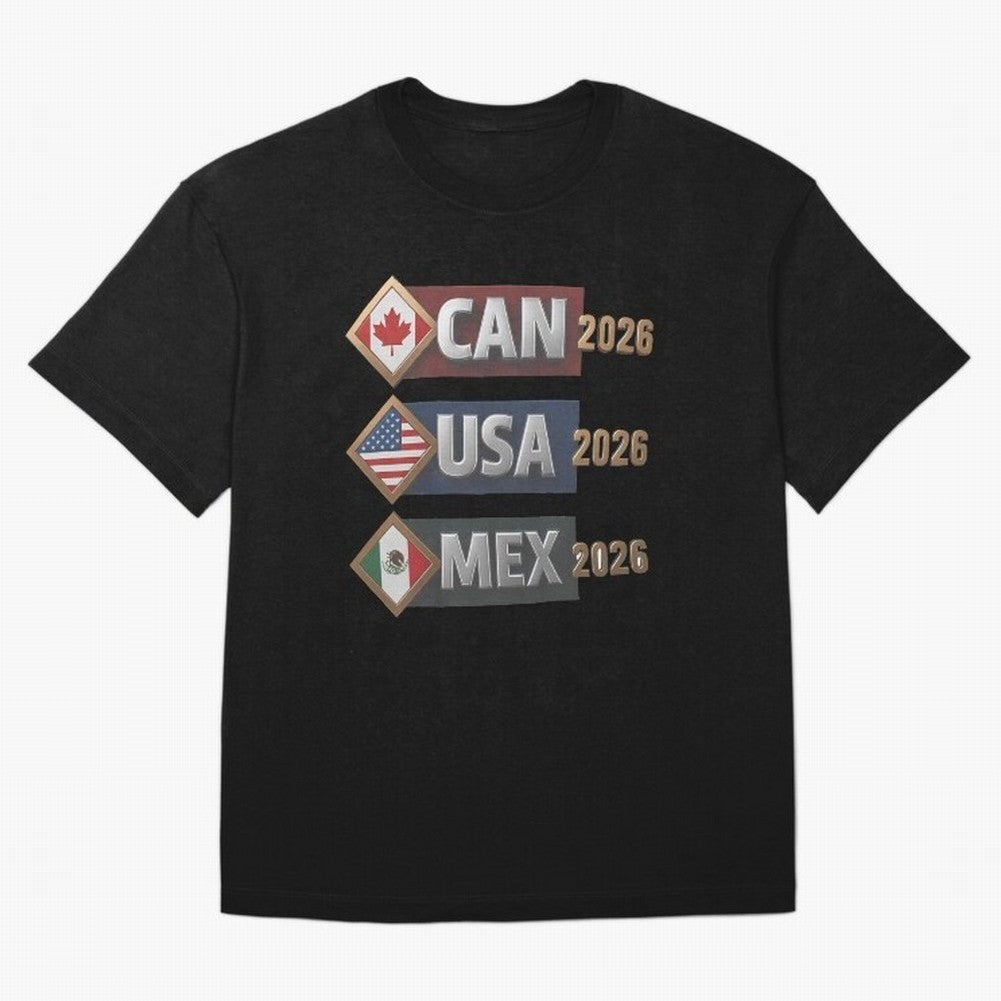 CAN USA MEx 2026 Flags, Canada USA Mexico Soccer Tournament Classic T-Shirt Show Your Tournament Heart for Match Day Hype around FIFA World Cup 2026, Mbappe and Neymar, Portugal, Spain and Germany, Tournament Hype, Historic Matchups, Family Viewing