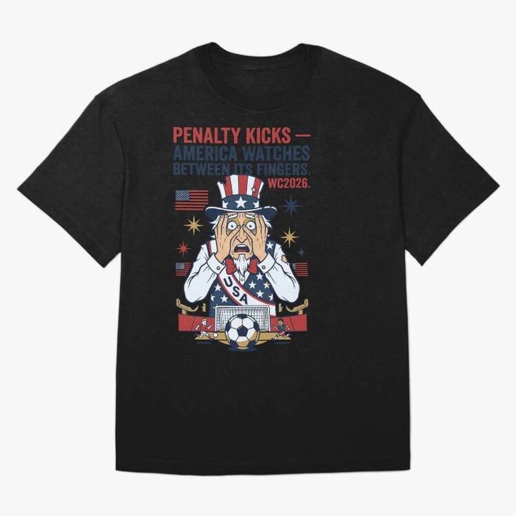 Penalty Kicks ¡ª America Watches Between Its Fingers V1 Classic T-Shirt Support FIFA World Cup 2026 Group Stage Filled with CR7, France and Portugal Energy, Football Festival Excitement, Trophy Ambitions, Country Rivalries and Star Player Buzz;