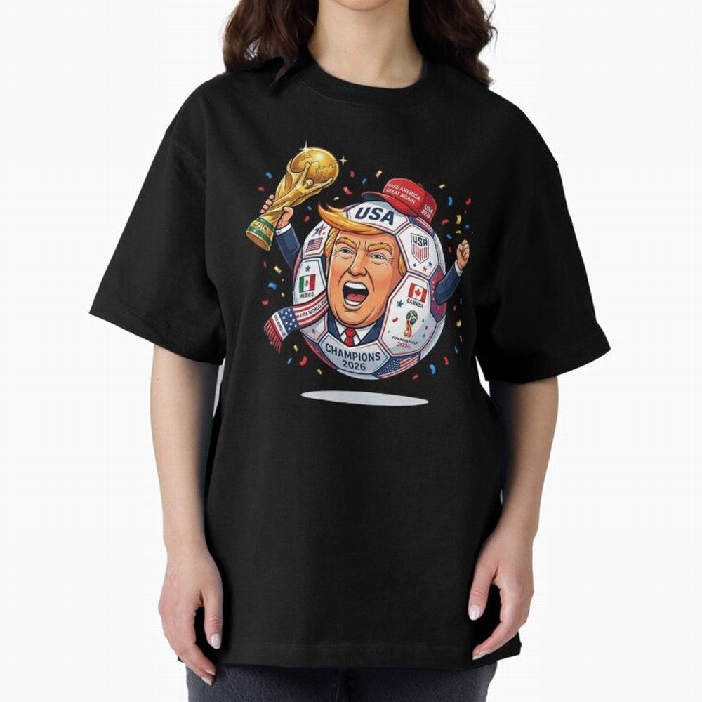 Donald Trump 2026 World Cup Soccer Champion Illustration Classic T-Shirt Relive Legendary Nights from FIFA World Cup 2026 USA Canada Mexico Highlighting Messi and Cristiano Ronaldo, Argentina Energy, Vintage Soccer Flavor, Modern Football Stars,