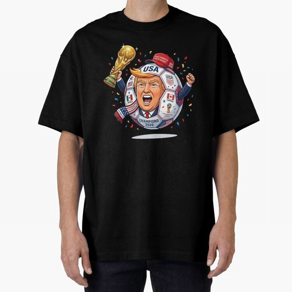 Donald Trump 2026 World Cup Soccer Champion Illustration Classic T-Shirt Relive Legendary Nights from FIFA World Cup 2026 USA Canada Mexico Highlighting Messi and Cristiano Ronaldo, Argentina Energy, Vintage Soccer Flavor, Modern Football Stars,