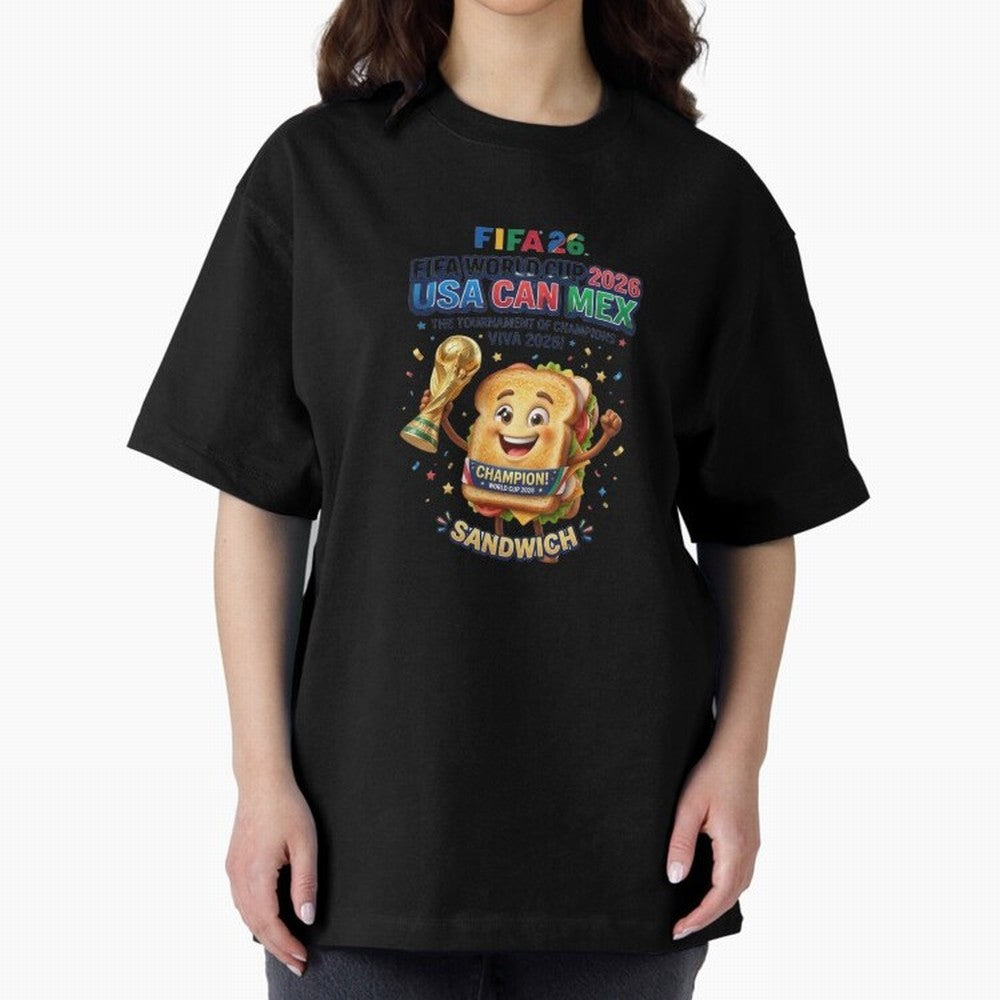 Cartoon Sandwich Champion Holding 2026 World Cup Trophy Classic T-Shirt Make the Season About FIFA World Cup 2026 USA Canada Mexico for Fans of Neymar, Haaland and Cristiano Ronaldo and Germany, Bringing Stadium Memories, Football Loyalty,