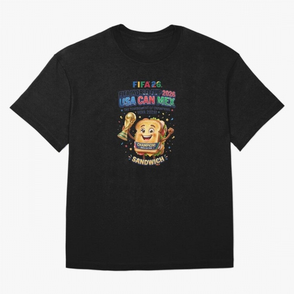 Cartoon Sandwich Champion Holding 2026 World Cup Trophy Classic T-Shirt Make the Season About FIFA World Cup 2026 USA Canada Mexico for Fans of Neymar, Haaland and Cristiano Ronaldo and Germany, Bringing Stadium Memories, Football Loyalty,