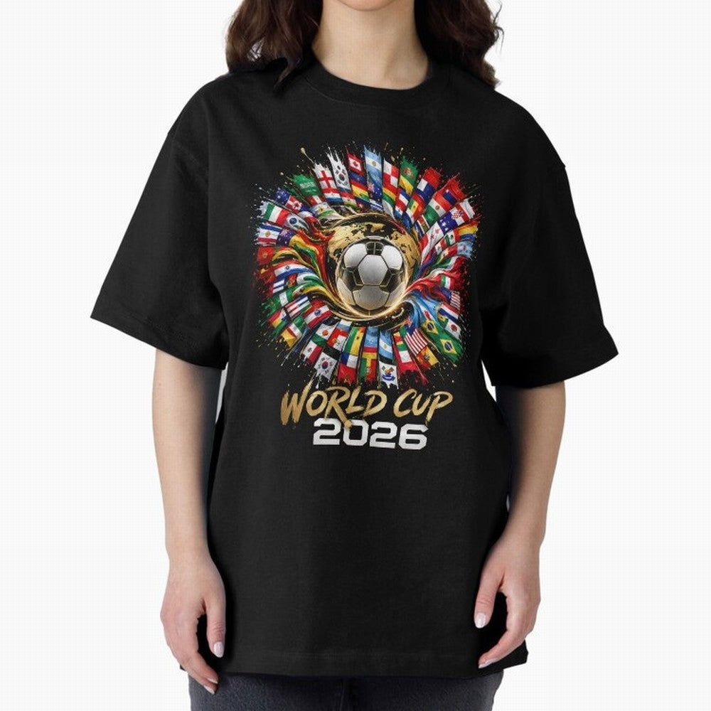 World Cup 2026 Flag Fusion Football T-Shirt Oversized T-Shirt Honor Champions and Dreams in FIFA World Cup 2026 Group Stage Spirit, Celebrating Brazil, Portugal and Argentina, Mbappe and Neymar, Supporter Pride, Iconic Celebrations, Legendary Names