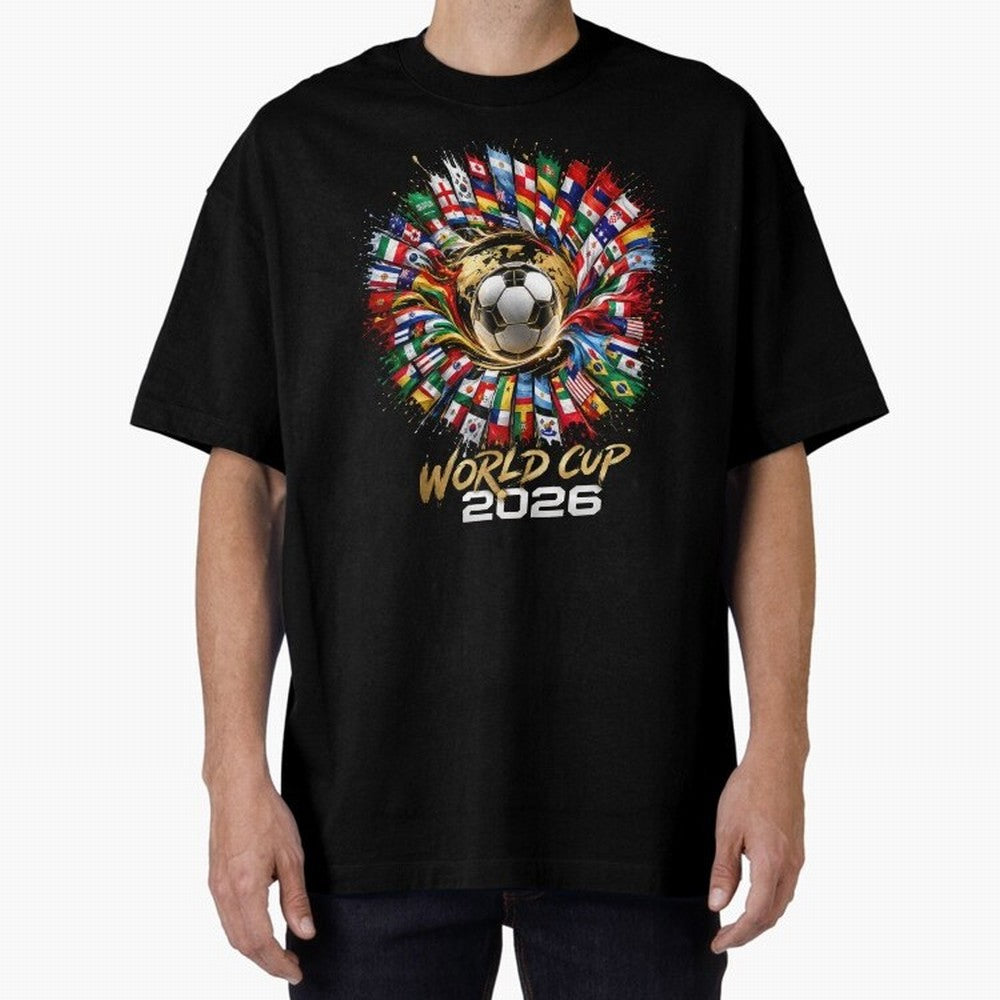 World Cup 2026 Flag Fusion Football T-Shirt Oversized T-Shirt Honor Champions and Dreams in FIFA World Cup 2026 Group Stage Spirit, Celebrating Brazil, Portugal and Argentina, Mbappe and Neymar, Supporter Pride, Iconic Celebrations, Legendary Names