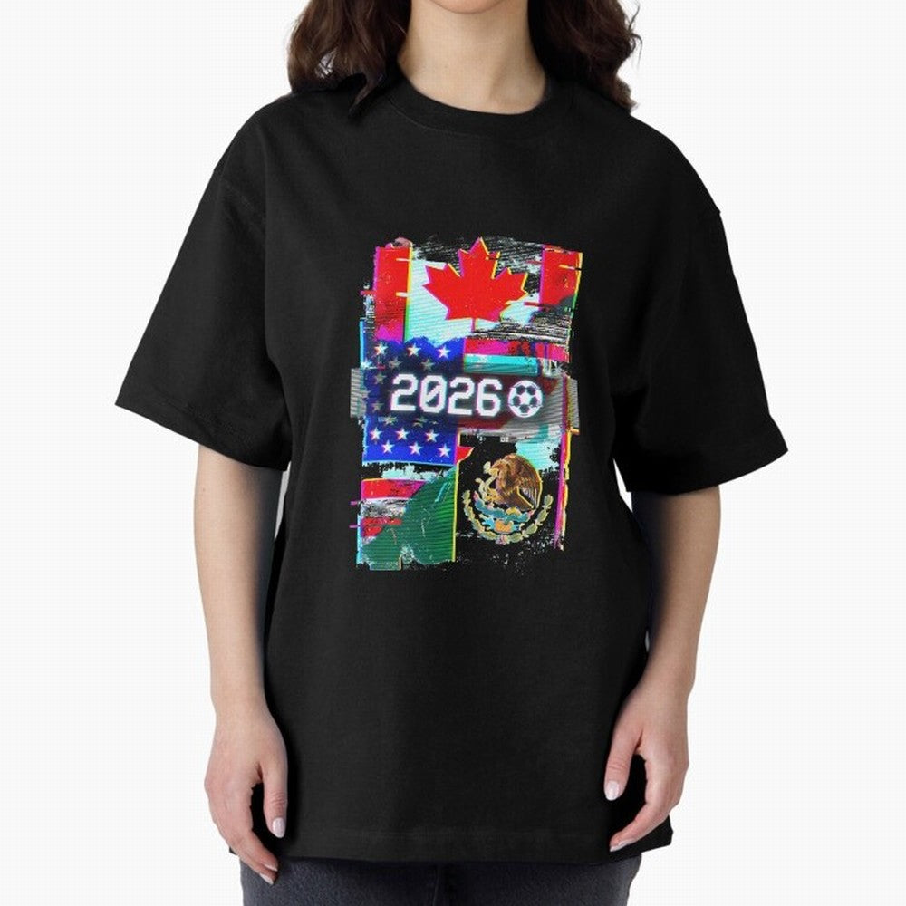 Glitched United 2026 - North America Tournament Emblem Oversized T-Shirt Honor the Beautiful Game during FIFA World Cup 2026 Group Stage Featuring Neymar, Argentina, France and Brazil Energy, Stadium Chants, National Pride, Trophy Dreams and