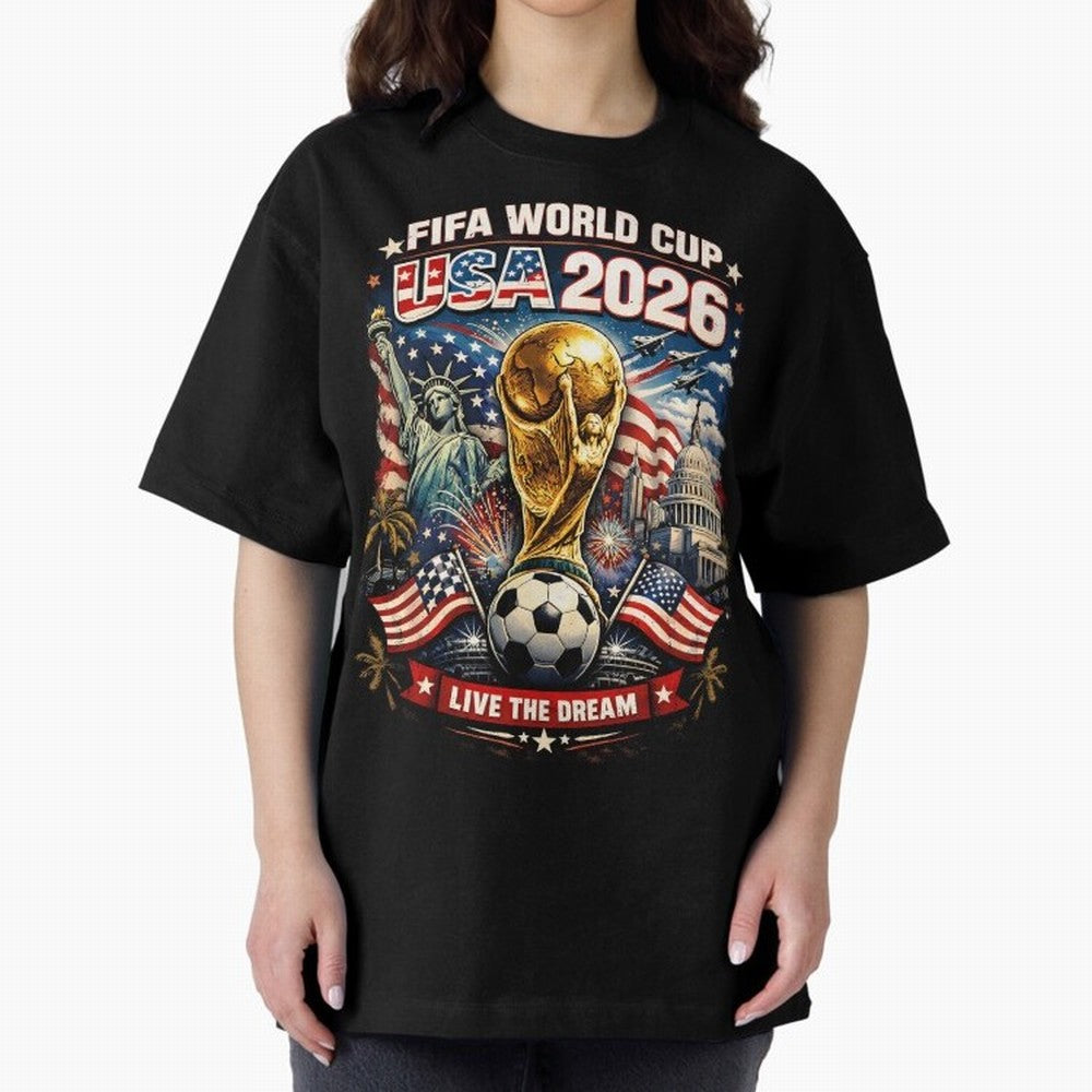 Fifa World Cup USA 2026 Colour Oversized T-Shirt Spotlight the FIFA World Cup 2026 Group Stage Journey through Messi, Neymar and Mbappe Highlights, France Pride, Worldwide Fan Energy, Dramatic Goals, Stadium Lights and Championship Celebrations;