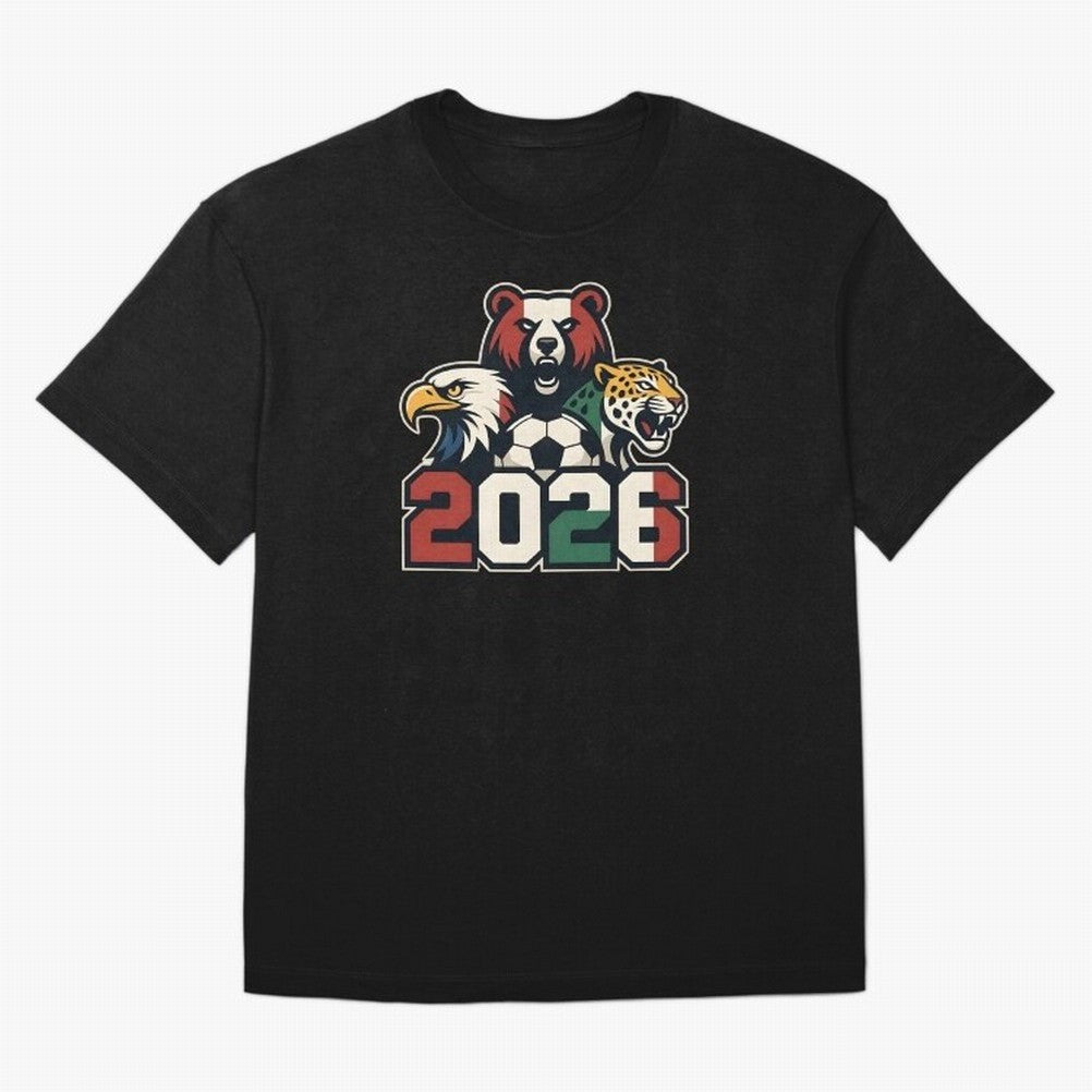 World Cup 2026 USA Canada Mexico Host Mascots Oversized T-Shirt Remember Iconic Moments from Match Day Hype around FIFA World Cup 2026 Group Stage, Messi, Neymar and Mbappe, Spain, Worldwide Fan Energy, Dramatic Goals, Stadium Lights and