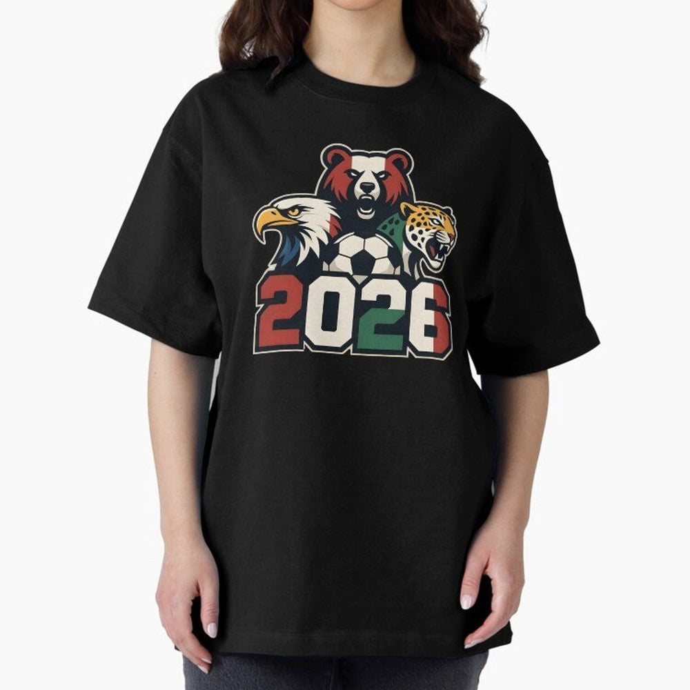 World Cup 2026 USA Canada Mexico Host Mascots Oversized T-Shirt Remember Iconic Moments from Match Day Hype around FIFA World Cup 2026 Group Stage, Messi, Neymar and Mbappe, Spain, Worldwide Fan Energy, Dramatic Goals, Stadium Lights and