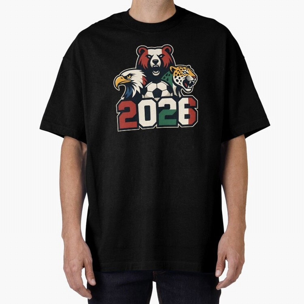 World Cup 2026 USA Canada Mexico Host Mascots Oversized T-Shirt Remember Iconic Moments from Match Day Hype around FIFA World Cup 2026 Group Stage, Messi, Neymar and Mbappe, Spain, Worldwide Fan Energy, Dramatic Goals, Stadium Lights and