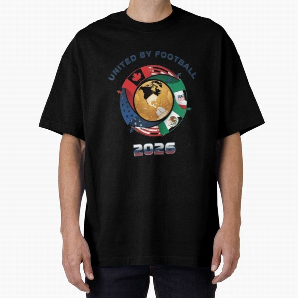 United By Football 2026 Oversized T-Shirt Bring Supporter Culture to Match Day Hype around FIFA World Cup 2026 USA Canada Mexico, Haaland and Mbappe, England, Worldwide Fan Energy, Dramatic Goals, Stadium Lights and Championship Celebrations; Great