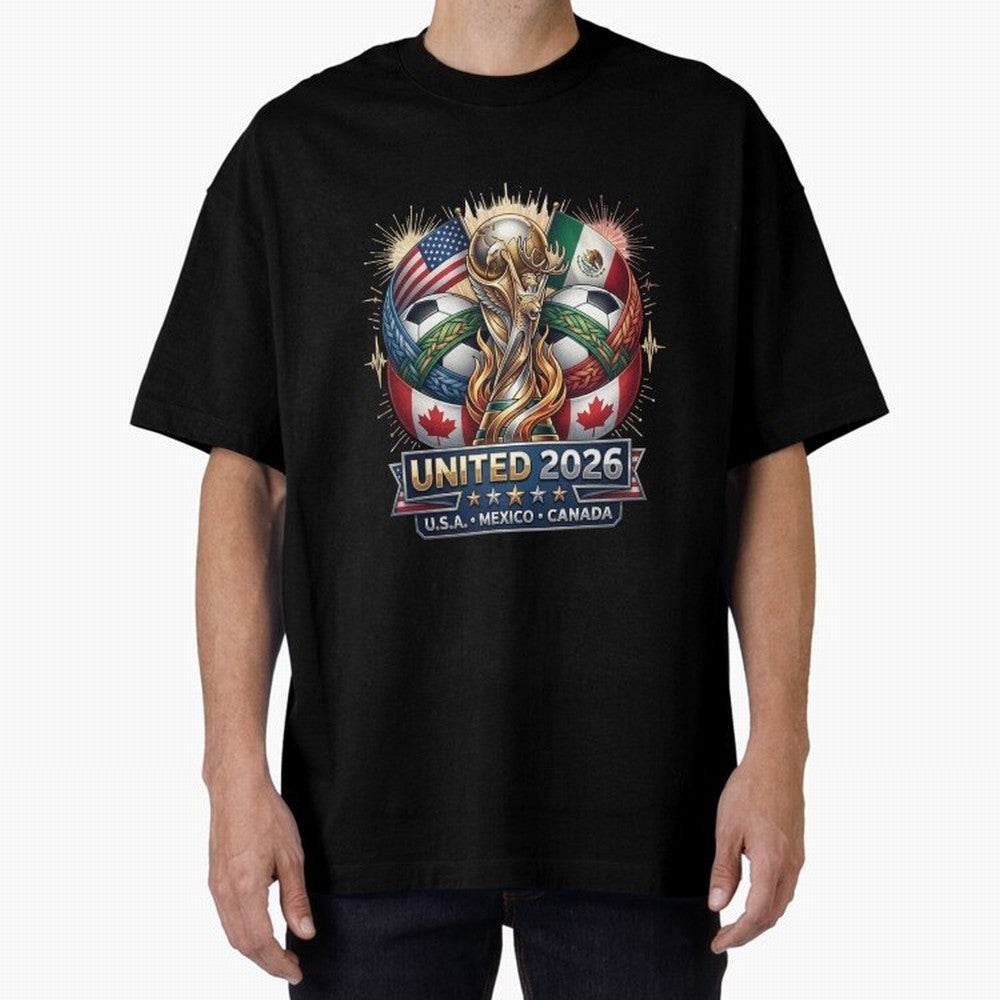 United 2026 Soccer Nations Trophy - USA Mexico Canada Mascot Art Oversized T-Shirt Share the Excitement of FIFA World Cup 2026 Group Stage for Fans of Messi and Brazil, Bringing Football Passion, Legendary Performances, Festival Vibes and Supporter