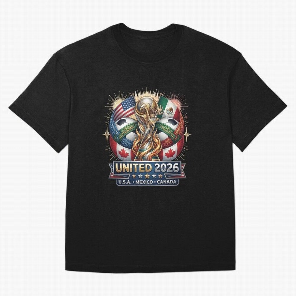 United 2026 Soccer Nations Trophy - USA Mexico Canada Mascot Art Oversized T-Shirt Share the Excitement of FIFA World Cup 2026 Group Stage for Fans of Messi and Brazil, Bringing Football Passion, Legendary Performances, Festival Vibes and Supporter