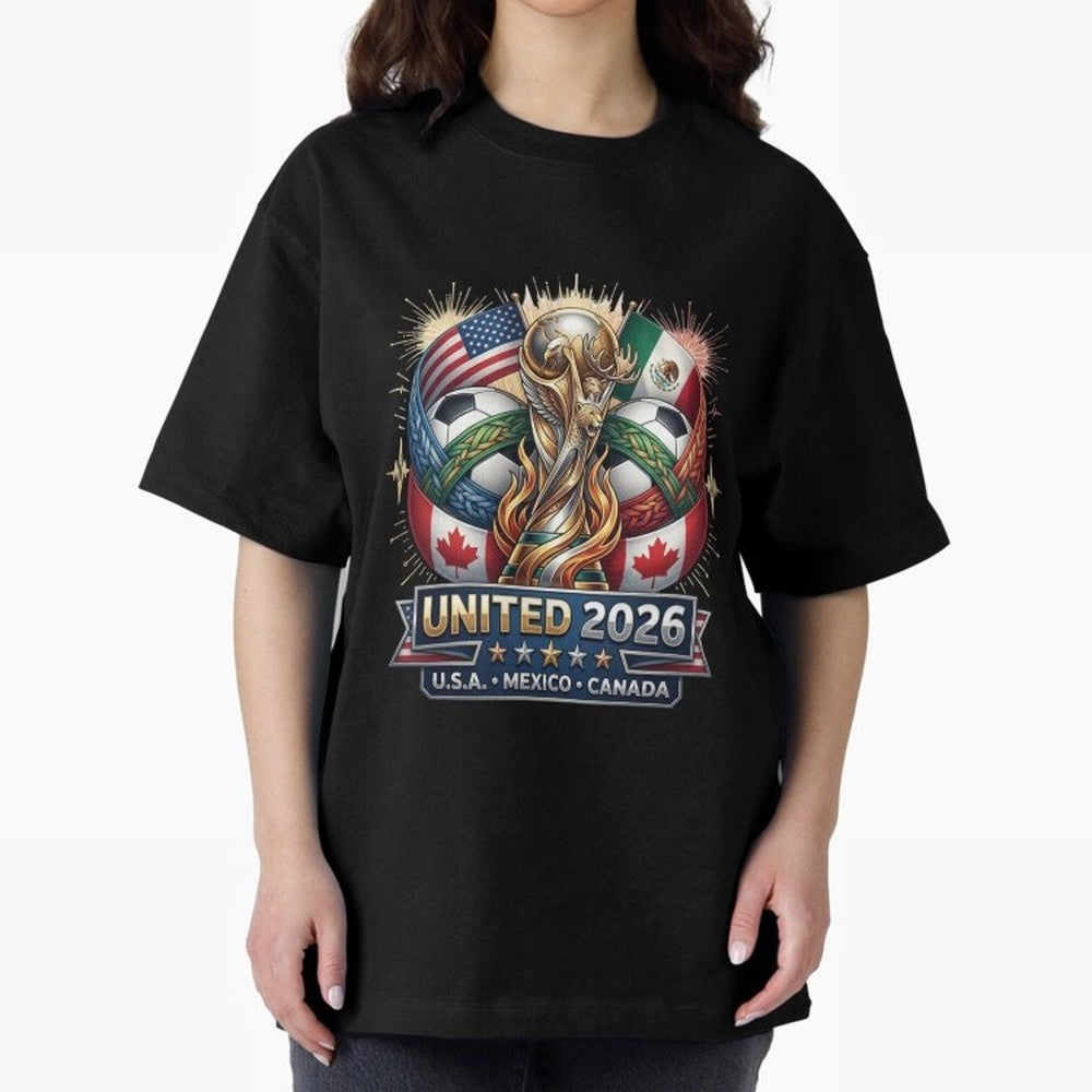 United 2026 Soccer Nations Trophy - USA Mexico Canada Mascot Art Oversized T-Shirt Share the Excitement of FIFA World Cup 2026 Group Stage for Fans of Messi and Brazil, Bringing Football Passion, Legendary Performances, Festival Vibes and Supporter