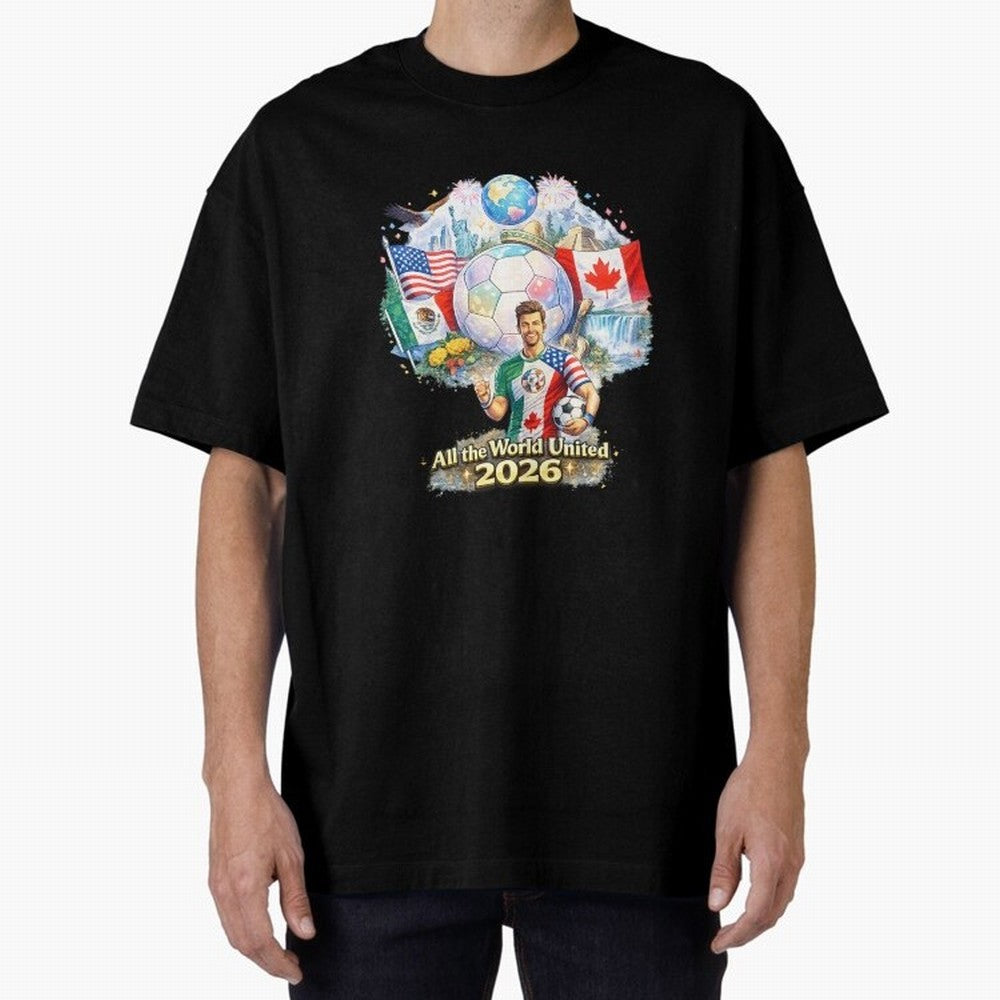 All The World United 2026 Football Design Oversized T-Shirt Celebrate Golden Goal Energy in FIFA World Cup 2026 Group Stage for Fans of Cristiano Ronaldo, Haaland and CR7 and England, Bringing Match Day Excitement, Supporter Culture, Golden Goals