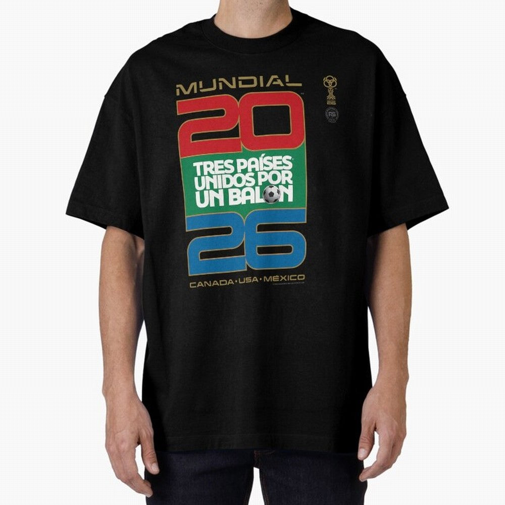 Mundial 26 Three Nations United By A Soccer Ball. Unidos Por Un Baln - World Cup Oversized T-Shirt Keep the Legacy of FIFA World Cup 2026 Group Stage Spirit, Built around Portugal, Mbappe and Neymar, Worldwide Fan Energy, Dramatic Goals, Stadium