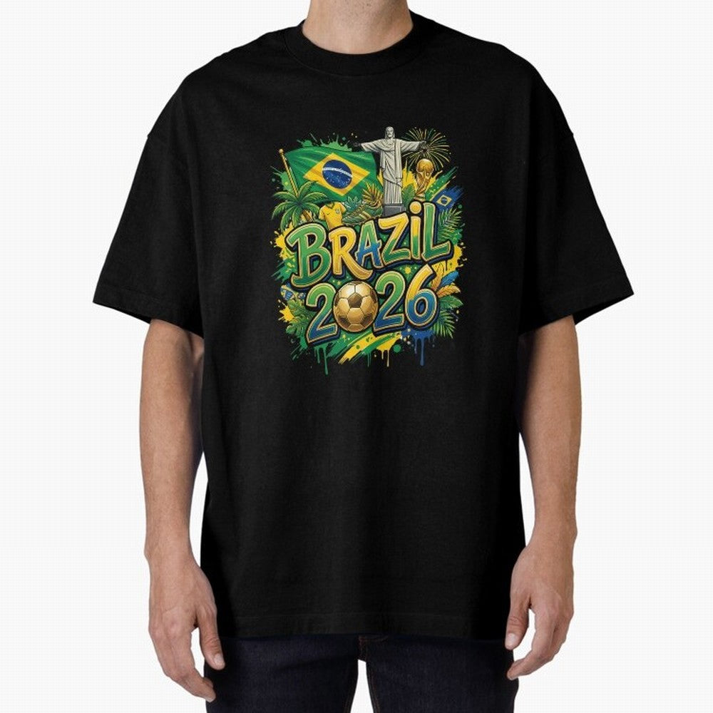 Brazil World Cup 2026 Football Legacy Oversized T-Shirt Share FIFA World Cup 2026 Group Stage Connected to Haaland and Mbappe, Argentina and Brazil Energy, Worldwide Fan Energy, Dramatic Goals, Stadium Lights and Championship Celebrations; Created