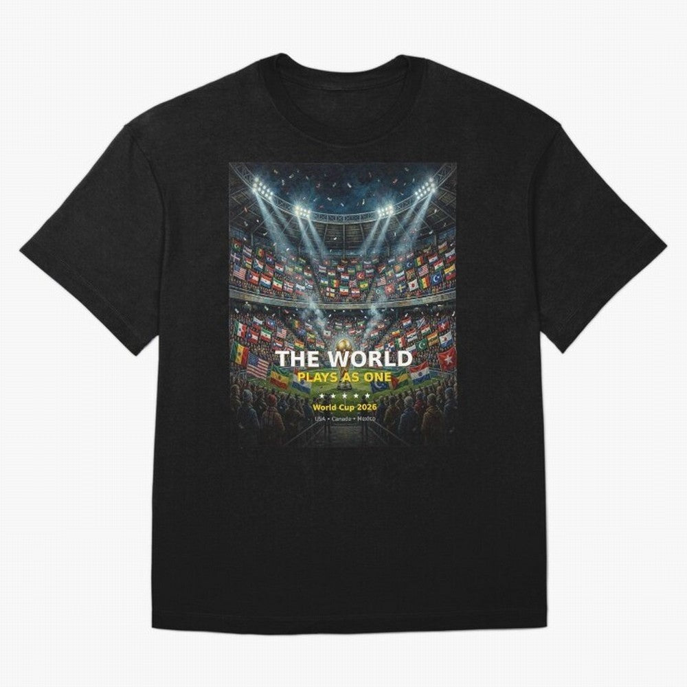 The World Plays As One - World Cup 2026 Soccer Fan Tee Oversized T-Shirt Join Supporters Worldwide for FIFA World Cup 2026 Group Stage Capturing Messi, Neymar and Mbappe, England and Germany Energy, Goal Celebration Energy, Supporter Heritage,