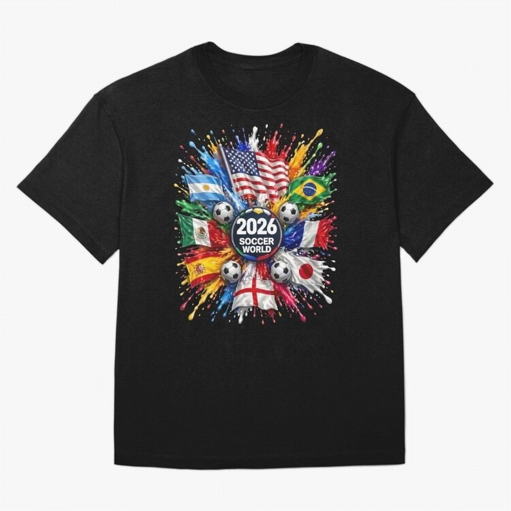 2026 Soccer World Flags USA Mexico Canada Football Paint Splash Graphic Oversized T-Shirt Elevate FIFA World Cup 2026 for Fans of Messi and Spain, Bringing Tournament Hype, Historic Matchups, Family Viewing Parties and Global Sports Pride; Ideal