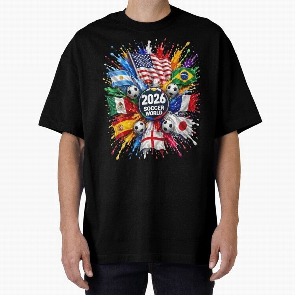 2026 Soccer World Flags USA Mexico Canada Football Paint Splash Graphic Oversized T-Shirt Elevate FIFA World Cup 2026 for Fans of Messi and Spain, Bringing Tournament Hype, Historic Matchups, Family Viewing Parties and Global Sports Pride; Ideal
