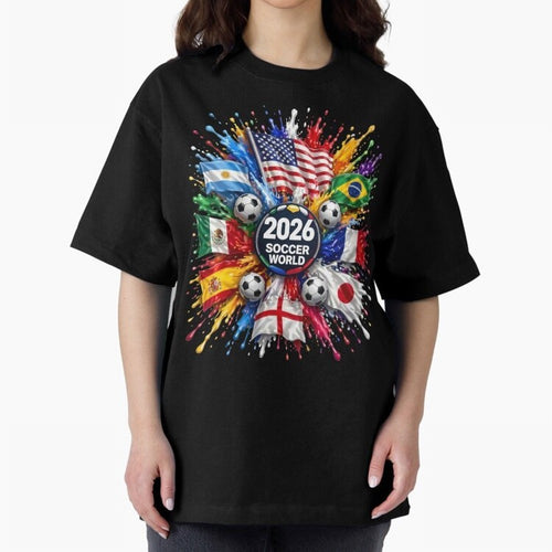 2026 Soccer World Flags USA Mexico Canada Football Paint Splash Graphic Oversized T-Shirt Elevate FIFA World Cup 2026 for Fans of Messi and Spain, Bringing Tournament Hype, Historic Matchups, Family Viewing Parties and Global Sports Pride; Ideal