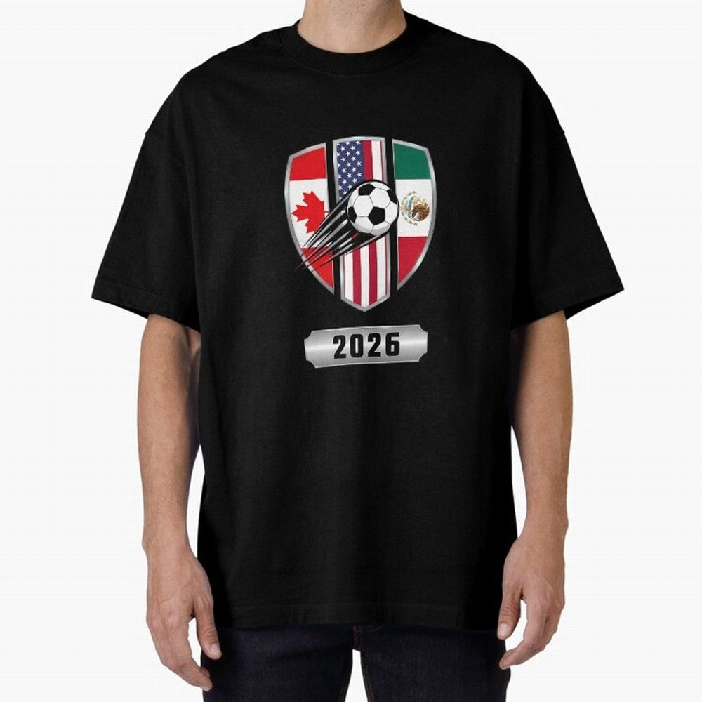North United America Shield 2026 Cup Oversized T-Shirt Follow the Final Road of FIFA World Cup 2026 Spirit, Capturing France and Portugal, Messi and Cristiano Ronaldo, Goal Celebration Energy, Supporter Heritage, Football Icons and Worldwide