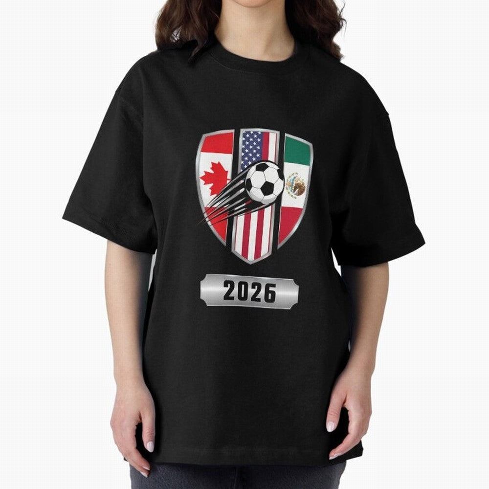 North United America Shield 2026 Cup Oversized T-Shirt Follow the Final Road of FIFA World Cup 2026 Spirit, Capturing France and Portugal, Messi and Cristiano Ronaldo, Goal Celebration Energy, Supporter Heritage, Football Icons and Worldwide