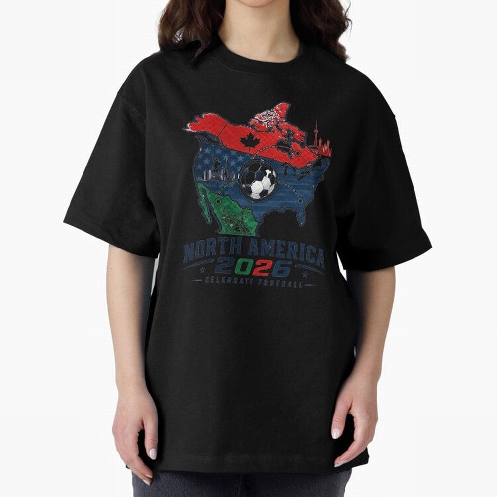 United by Football 2026 North America Soccer Design Oversized T-Shirt Celebrate the Road through FIFA World Cup 2026 with Haaland and Mbappe, Argentina, France and Brazil Energy, Vintage Soccer Flavor, Modern Football Stars, National Flags and