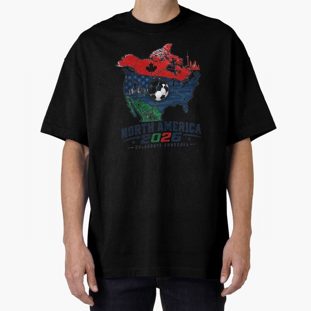 United by Football 2026 North America Soccer Design Oversized T-Shirt Celebrate the Road through FIFA World Cup 2026 with Haaland and Mbappe, Argentina, France and Brazil Energy, Vintage Soccer Flavor, Modern Football Stars, National Flags and