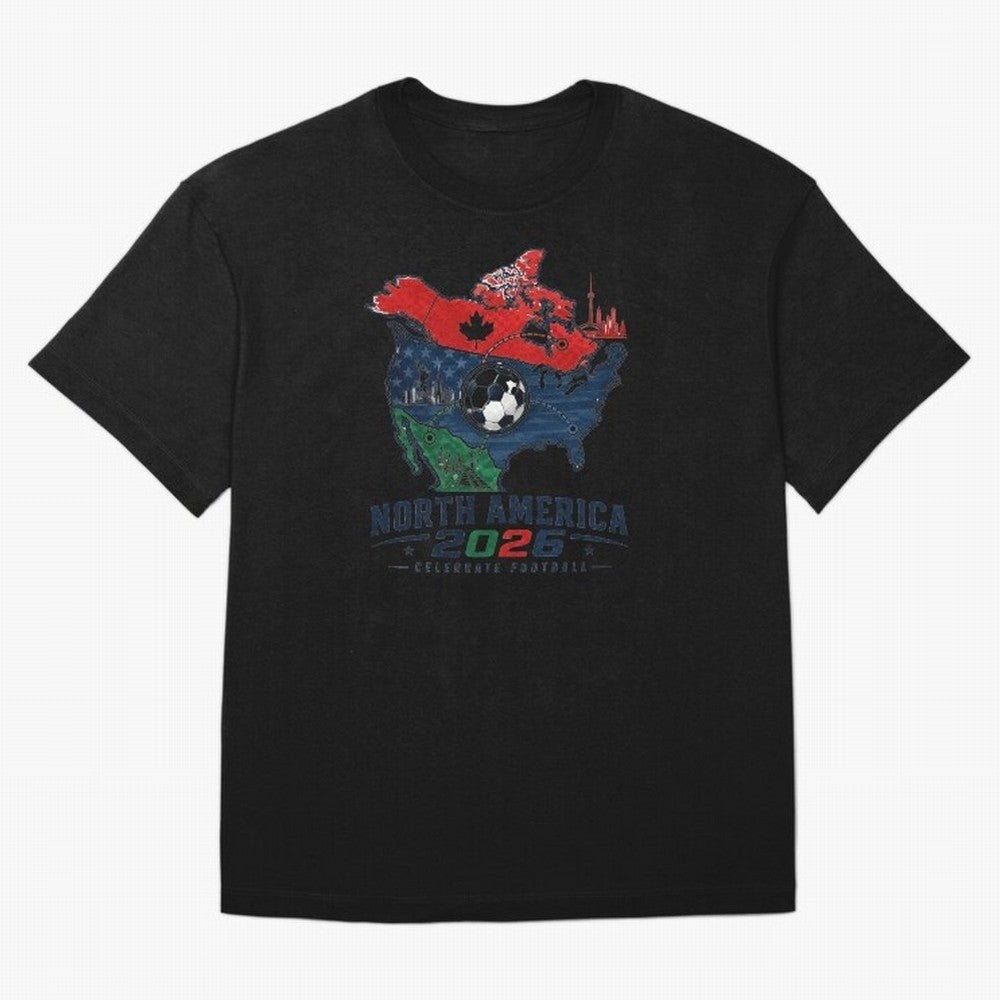 United by Football 2026 North America Soccer Design Oversized T-Shirt Celebrate the Road through FIFA World Cup 2026 with Haaland and Mbappe, Argentina, France and Brazil Energy, Vintage Soccer Flavor, Modern Football Stars, National Flags and